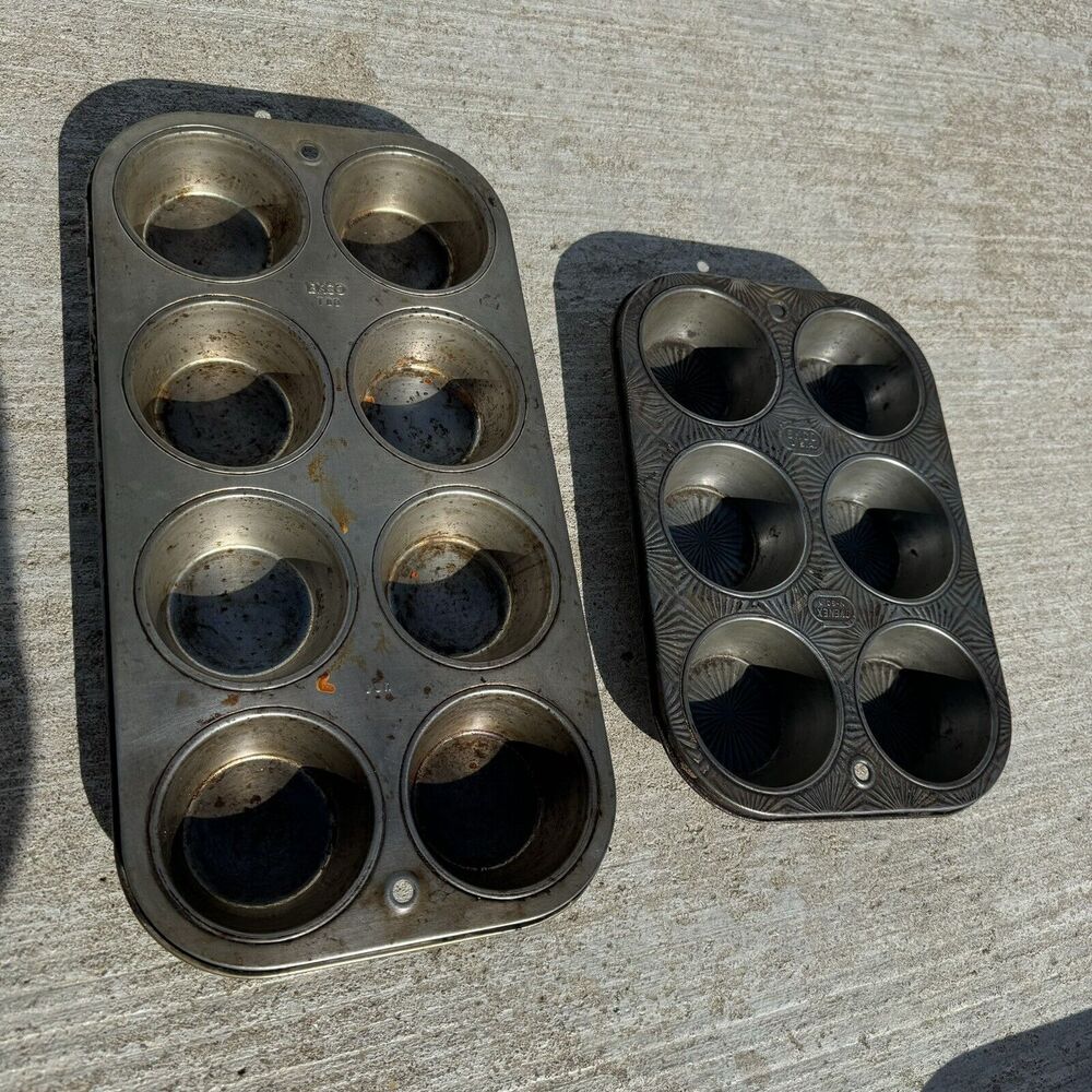 Vtg Pair 2 EKCO U.S.A. OVENEX Mini Starburst Muffin Tins Baking Pan Shiny - HLBN